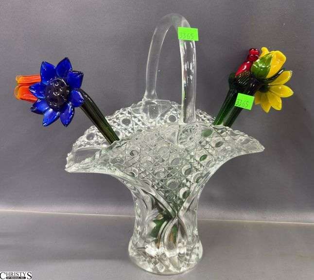 Glass Flower Stems, Etched Vase and Basket Tallest 19"