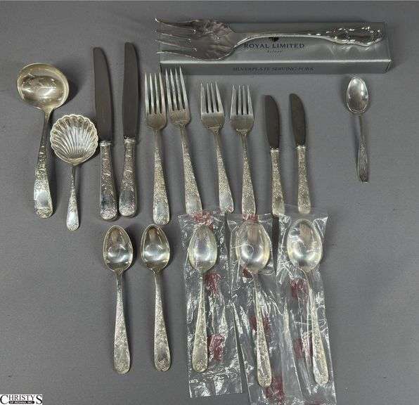 15 Pieces of S. Kirk & Sons  Old Maryland Engraved Sterling Silver.  Includes 2 Knives, 2 Forks, 2 Salad Forks, 2 Butter Knives, 3 Teaspoons, 2 Tablespoons1 Ladle and 1 Berry Spoon .  Also included is 1 5 1/4" Odd Sterling Spoon and a Silverplate Serving Fork in Box. image
