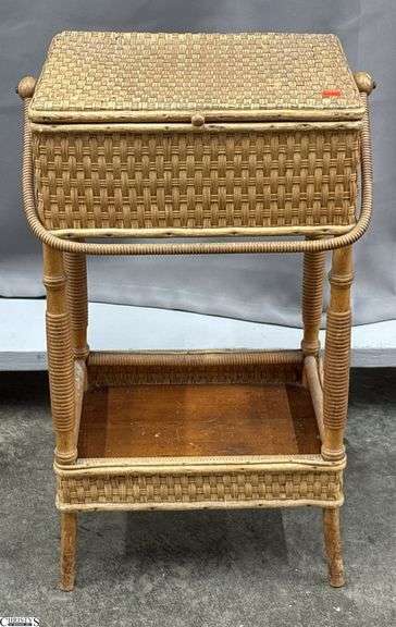 Woven Wicker Sewing Basket Stand - 16" x 11" x 27" - some wear to top image