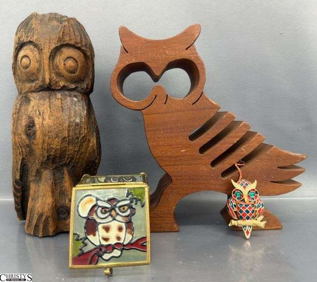 2 Wooden Owl Sculptures, Trinket Box, Enameled Piece - 9" of tallest image