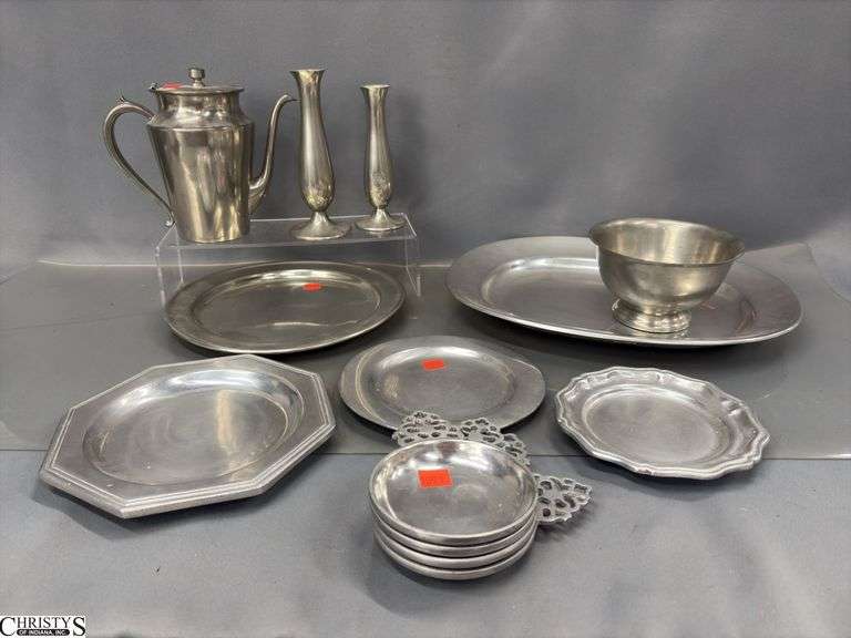 Pewter Serveware - Platters, Vases, Misc - 14.5" of largest image