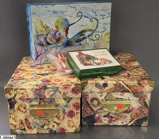 3 Storage Boxes, 2 Full Boxes of Greeting Cards, Holiday and Cat Related as Well As Other Themes, Octopus Box Is Empty image
