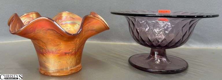 Fenton Holly Marigold Glass Dish and Purple Glass Pedestal Dish - 6" x 3.5" of largest image