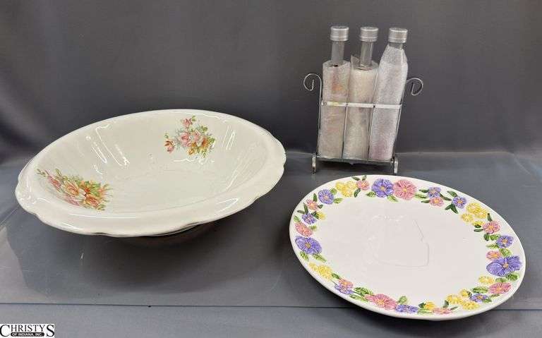 Ceramic Basin Bowl 16", Floral Tray, Oil Bottle Holder image