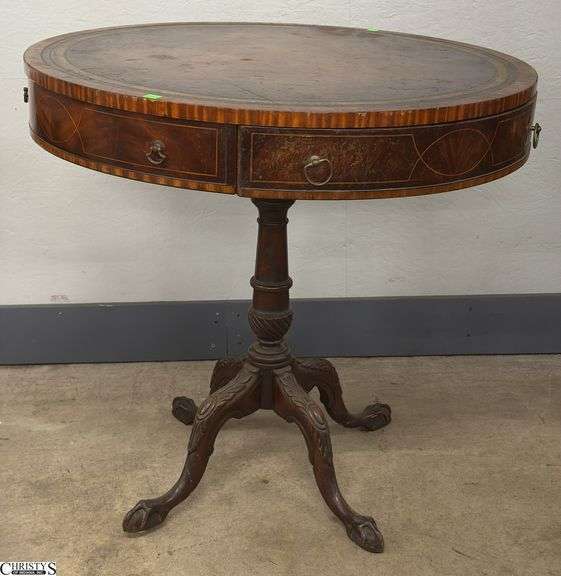 Mahogany Leather Top Round Single Drawer Table - 32" x 30" - top is partial loose from base, finish wear image