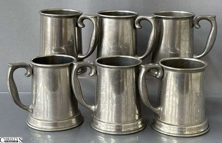 6 Stieff Pewter Steins with Clear Bottoms 5" Tall image