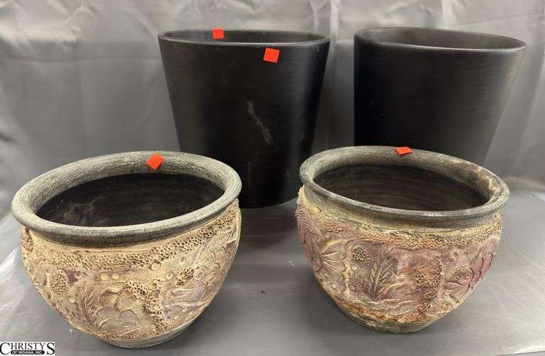 4pcs Planters Fish Motif Pottery Planters 10.5x7.5" and Black Ceramic Planters 11x10.5" image