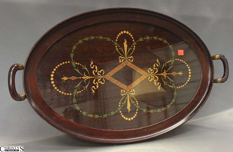 Mahogany Oval Inlaid Glass Top Tray - 27" x 16" image