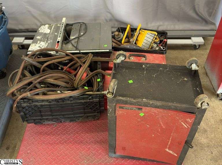 Pallet of Tools Porter Cable Table Saw, Empty Tool Boxes, Drop Light, Torch Hoses Pallet Not Included image