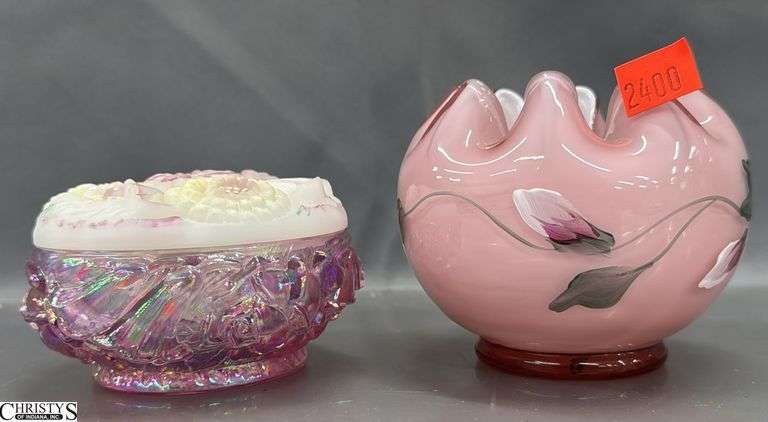 2pcs Fenton Art Glass Dusty Rose Overlay Hand Painted Rose Bowl and Burmese Satin Iridescent Trinket Jar image