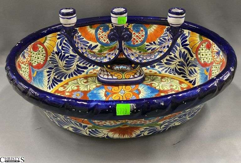 Mexican Hand Painted Talavera Serving Bowl, and 3 Flame Candle Holder 19x15x5" Tall image