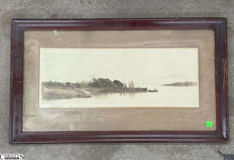 "The Old Wharf" Framed Antique Etching - 28.5" x 16.5" of frame image