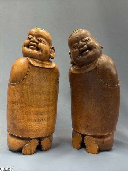 2 Wooden Happy Buddha Carved Statues 14.5" image
