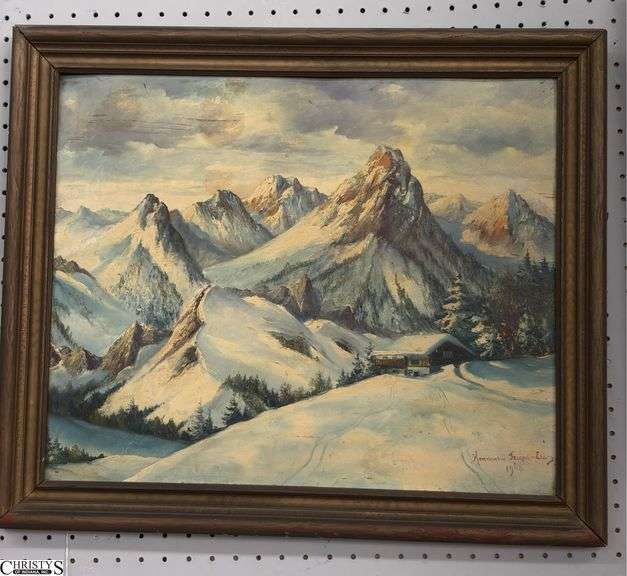 1946 Konstantin Ellis Oil on Board Swiss Mountain Scene - 25.5" x 21.5" of frame image