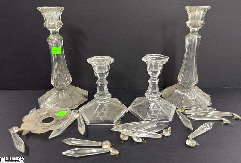 4 Glass Candlesticks, Assorted Prisms, Bobeche - 9" of tallest image