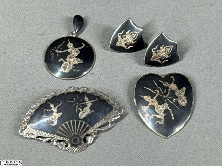Vintage Siam Sterling Silver Jewelry Set- Earrings, Pendant, and 2 Pins image