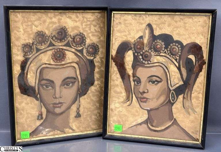 2 Thai East Indies Lady Art Pieces - 13" x 9.5" of frame image