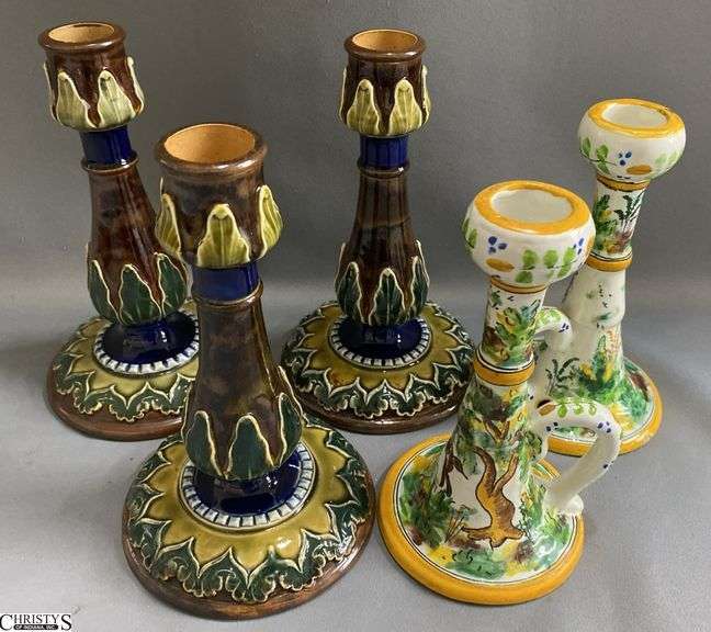 5pcs Glazed Pottery Candle Sticks, 2 Marked Spain, Tallest 7.5" image