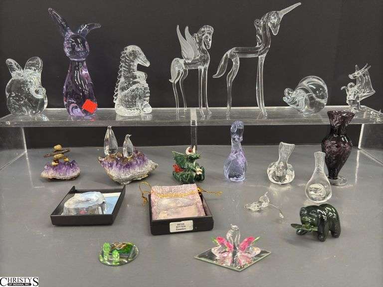 Glass Animal Figures, Some Hand Made, Some With Stones, Bunny, Swan, Dragons, Birds, Mice, Pegasus, Mini Bud Vase, Tallest Unicorn 7" image