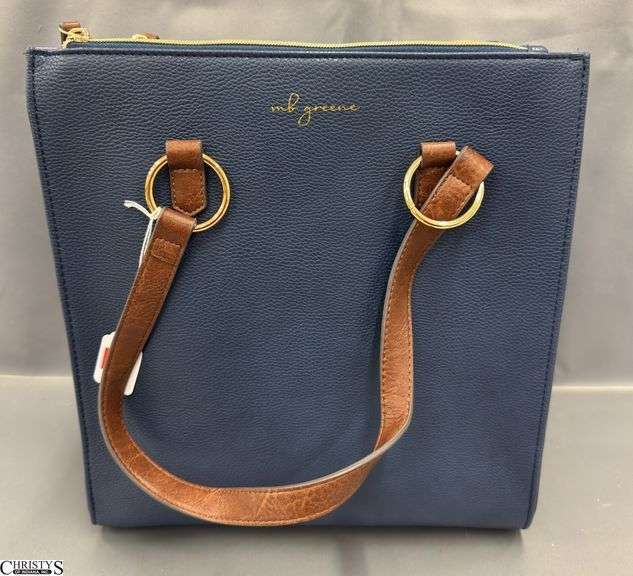 MB Greene Navy Pebbled Leather Laptop Tote 12.5” x 14”  x 4.5" with 11” shoulder drop image