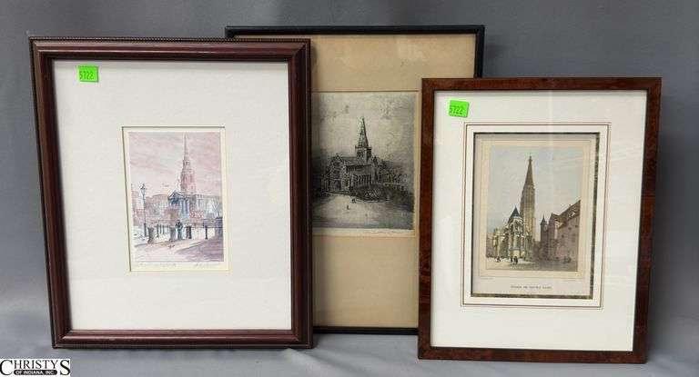 3 Framed Prints, One Signed, Cathedral Scenes, Largest 12x14" image