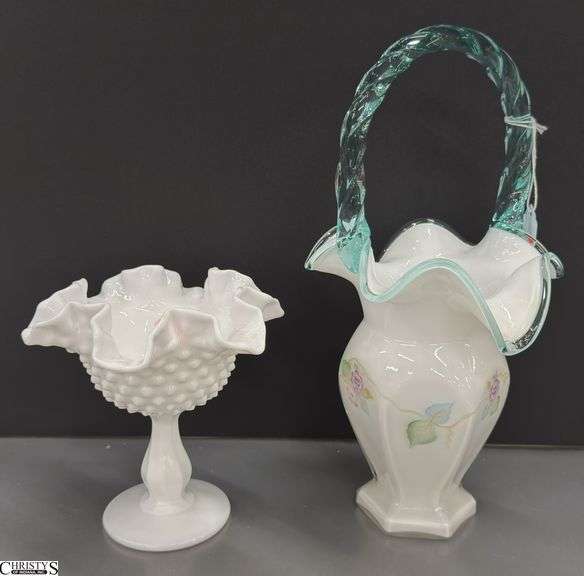 2pcs Fenton 95th Anniversary Hand Painted Milk Glass Basket Vase, and Hobnail Compote image