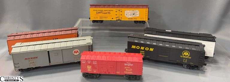 6 Unboxed train Cars, Lionel Pork and Beans Boxcar, Kingan, Other Makers, Monon image
