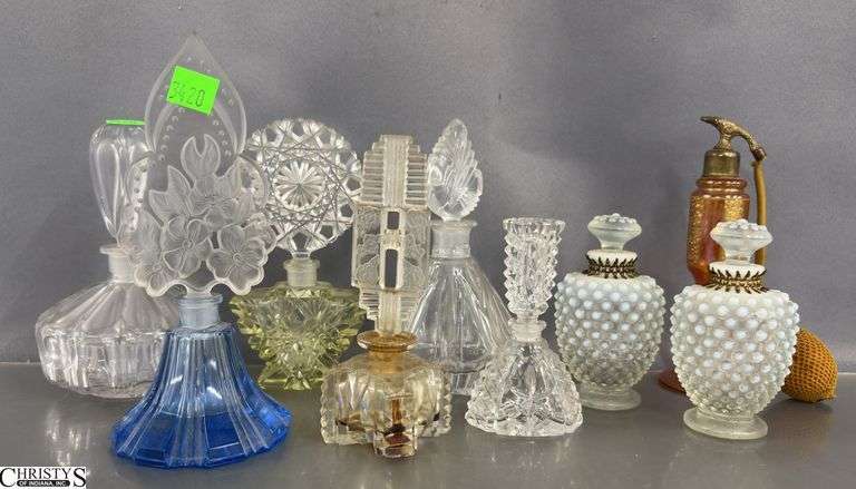Perfumes, Pair of Hobnail Bottles With Stoppers, Largest Blue Base 8" image