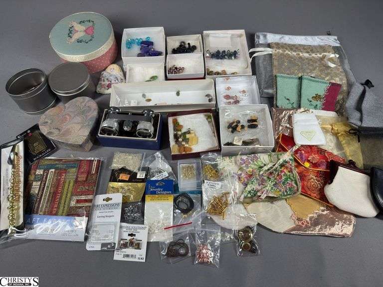 Jewelry Bags and Small Boxes, Some Jewelry Making Pieces, Earring Backs and Loose Beads.  Includes a Bracelet Buddy in Package and Princess Model 726 Opera Binoculars in Box. image