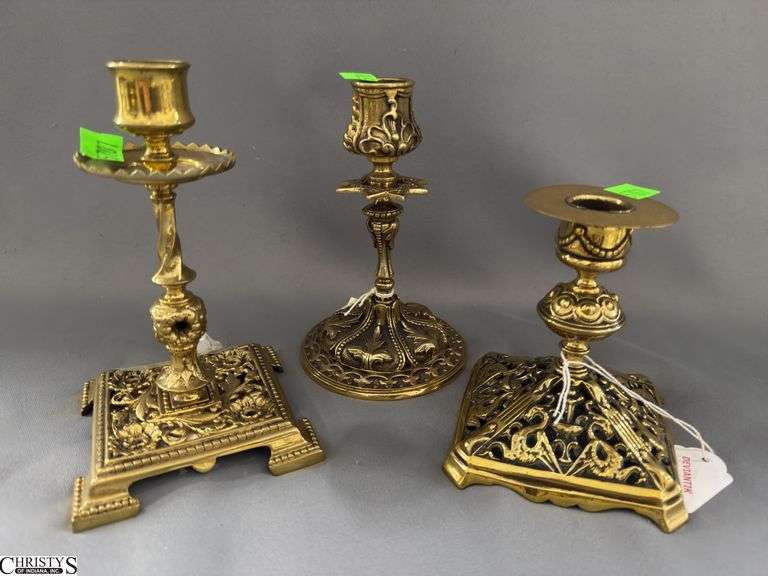 3 Single Victorian Brass Candle Sticks 6.5", William Tonks and Sons image