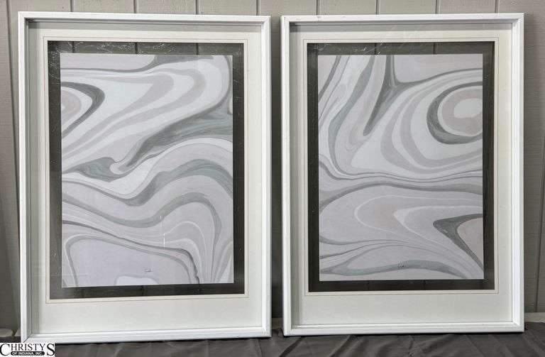 Pair Framed Mercana Marbled Decorator Prints - 32" x 42" of each frame, some scuffing to frames image