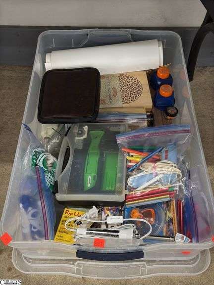Under Bed Tote With Crafting Supplies, Detail Iron, Glue Guns, Cutters And Misc image