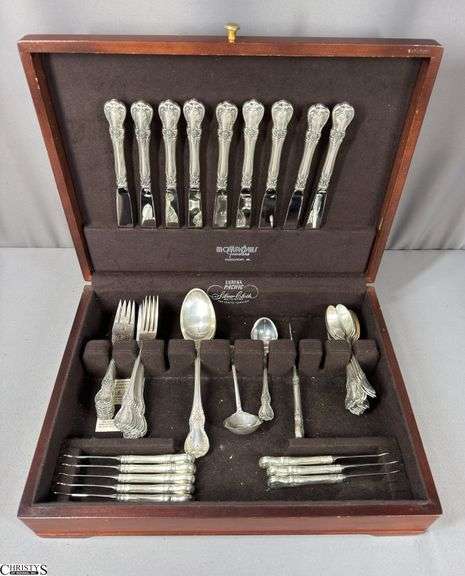 54 Pieces of Towle Sterling Old Master Pattern.  Includes 9 Knives, 9 Forks, 9 Salad Forks, 9 Spreaders, 12 Teaspoons, 1 Sauce Ladle, 1 Butter Knife, 1 Sugar Spoon, and 3 Table Spoons in a Wooden Box. image