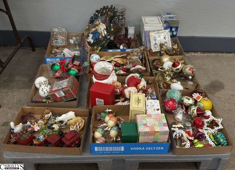 SKID With Christmas Ornaments, and Decor, Santa Pitcher, Door Wreath, Clear Lights, Pine Cones, Stocking Hangers, SKID Is Not Included image