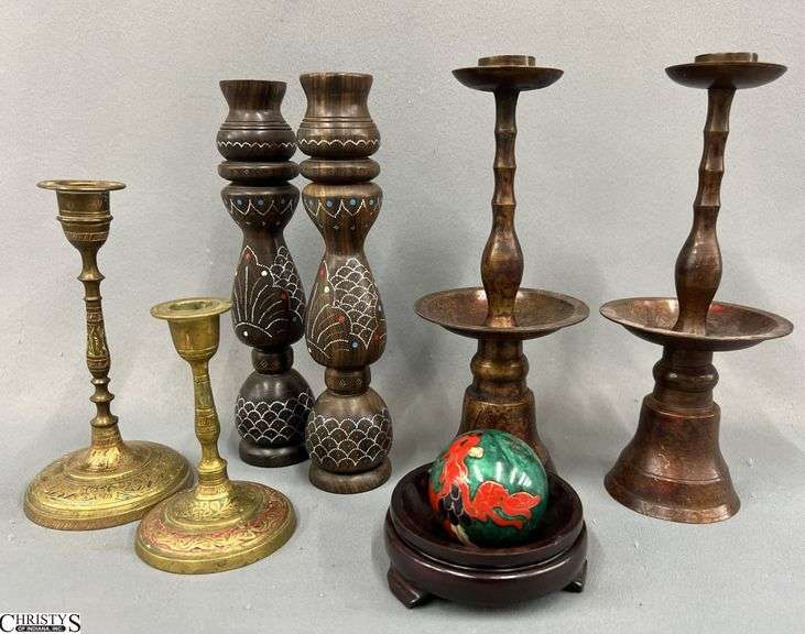 Brass, Wood, and Metal Candle Holders Tallest Pair 7.5" image