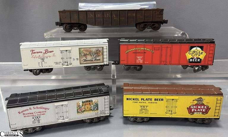 5 Train Cars, Circle City Beer, Tavern Beer, Kamms Ale, Indiana Railroad Gondola With Scrap Load image