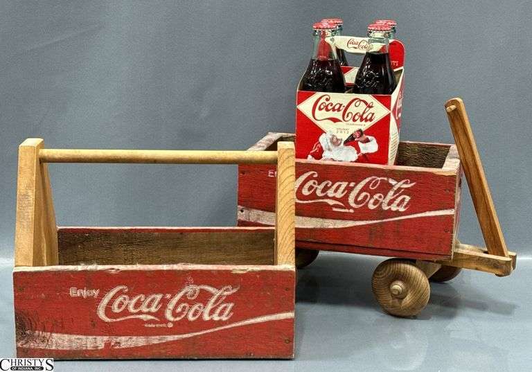 Coca Cola Wooden Wagon, Wooden Carrier, Glass Coca Cola Bottles - 12" x 9" of carrier image