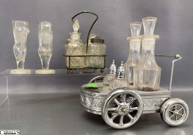 Vintage Nude Male and Female Shot Glasses, Cruet and Caddy for Condiments image