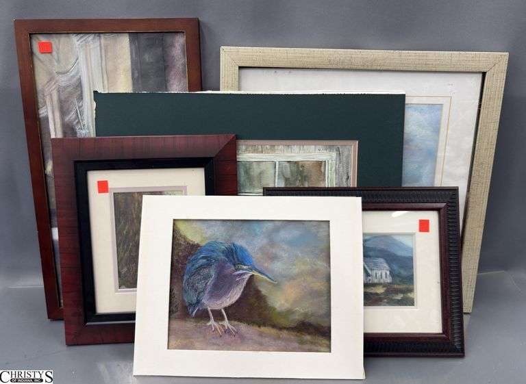 6 Original Watercolor and Pastel Paintings - B. Wilson and J. McDowell - 16" x 20 of largest mat - some damage to frames image