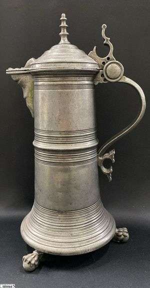 Early English Pewter Flagon With Ball and Claw Base 15" image