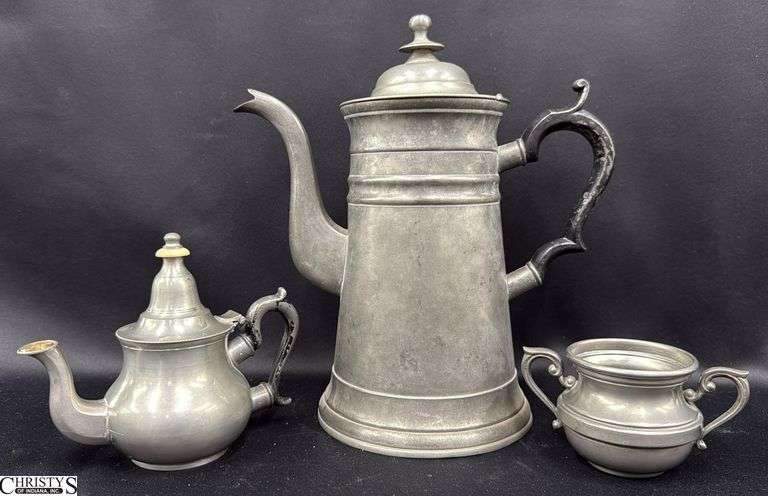 3pcs Pewter, Roswell Gleason, Old Pewter, and Peltro Pitchers and Cup, Tallest 11" image