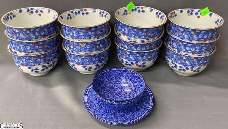 Blue and White Rice Bowls, and Enameled Dish with Bowl 5"x3" Tall image