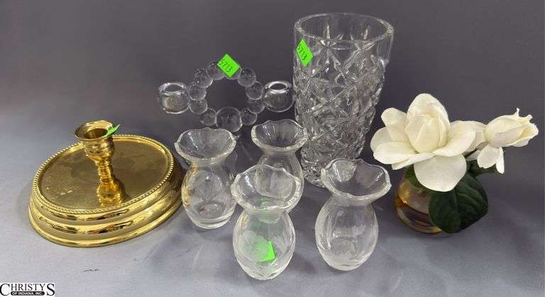 4 Etched Bud Vases S&P, Brass Waterford Hurricane Candle Holder Base, Pressed Vase, Single Candle Holder image