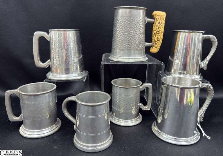 7 English Pewter Steins, Some Have Clear Bottoms, All Pint Size image