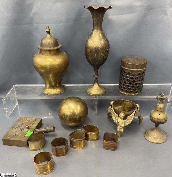 Brass Vases, Candle Holder, Censer, Napkin Rings - 11.5" of tallest image