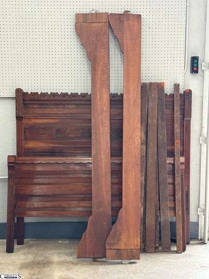 Eastlake Style Burled Wood Accent Bed, Headboard 55x52", Has Side Rails and Mattress Supports Some Wear image