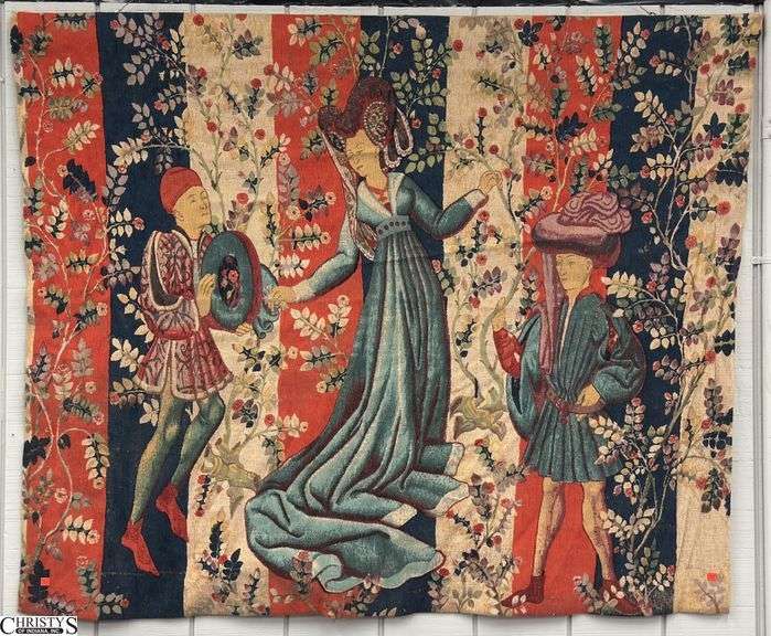 Robert Dunn Parisian Aubusson Tapestry Wall Hanging - 60" x 50" - shows wear image