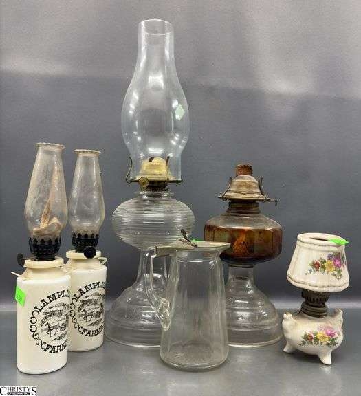 Oil Lamps, and Syrup Pitcher, Tallest 17.5" image