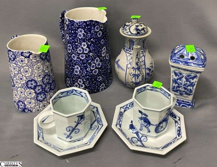 Blue and White Staffordshire Pitchers, Largest 7.25" Tea Cups and Saucers, Rex Motel Tea Pot, Holder image