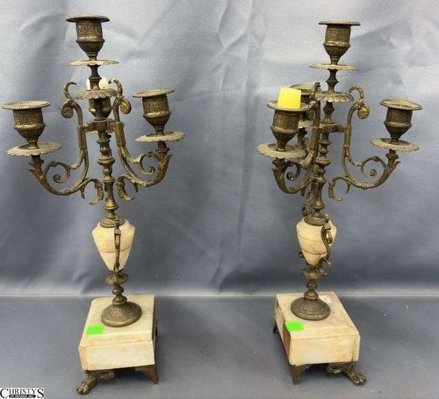 Pair Brass and Marble Candelabras - 16.5" of each, some wear image